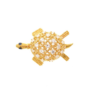 新品同様 カルティエ タートル 750YG ダイヤ/サファイア ブローチ K18YG/ダイヤモンド/サファイア ゴールド カメ 亀モチーフ アクセサリー 0832-1【中古】CARTIER レディース