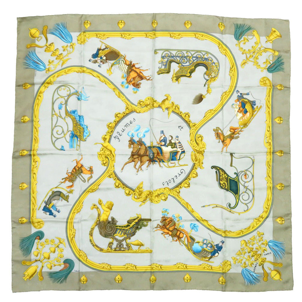 エルメス カレ90 Plumes et Grelots 羽根飾りと鈴 シルク ベージュ スカーフ 0126 【中古】 HERMES