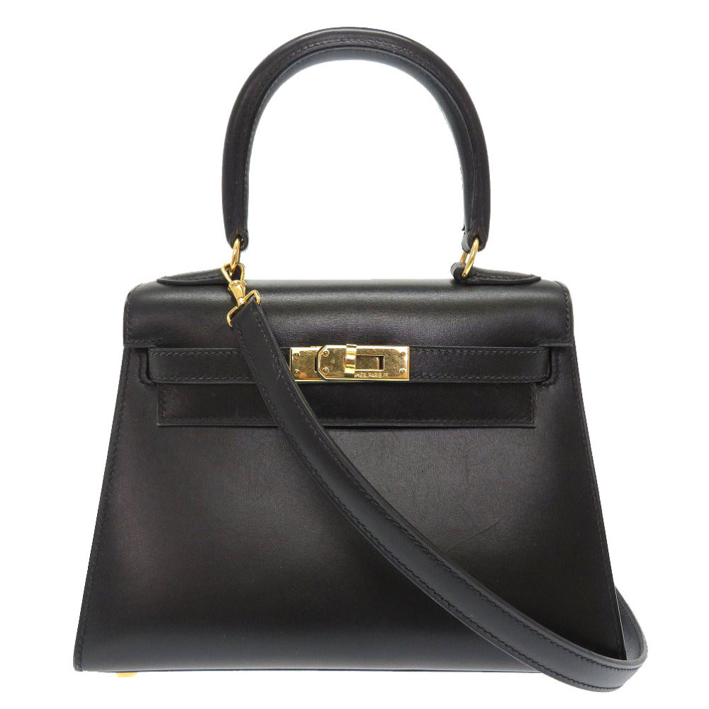 美品 エルメス ミニケリー ボックスカーフ ブラック ゴールド金具 □F刻印 ハンドバッグ バッグ ストラップ付 黒 0044 【中古】 HERMES ケリー20