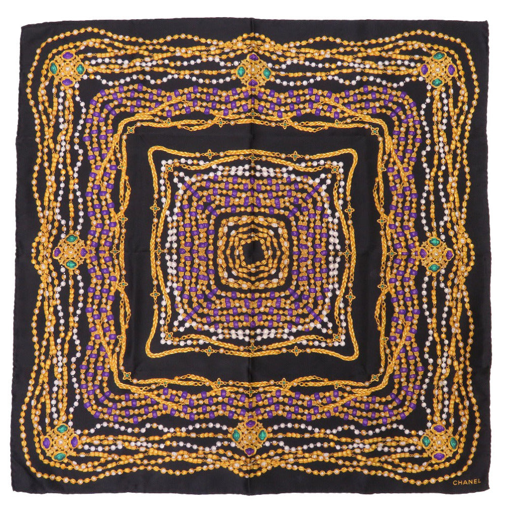 美品 シャネル ストーンネックレスモチーフ シルク ブラック スカーフ 黒 0245 【中古】 CHANEL