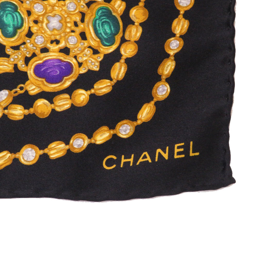 美品 シャネル ストーンネックレスモチーフ シルク ブラック スカーフ 黒 0245 【中古】 CHANEL