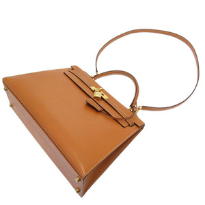 美品 エルメス ケリー32 外縫い ヴァッシュ ナチュラル ゴールド金具 □H刻印 ハンドバッグ バッグ 茶 0059 【中古】 HERMES