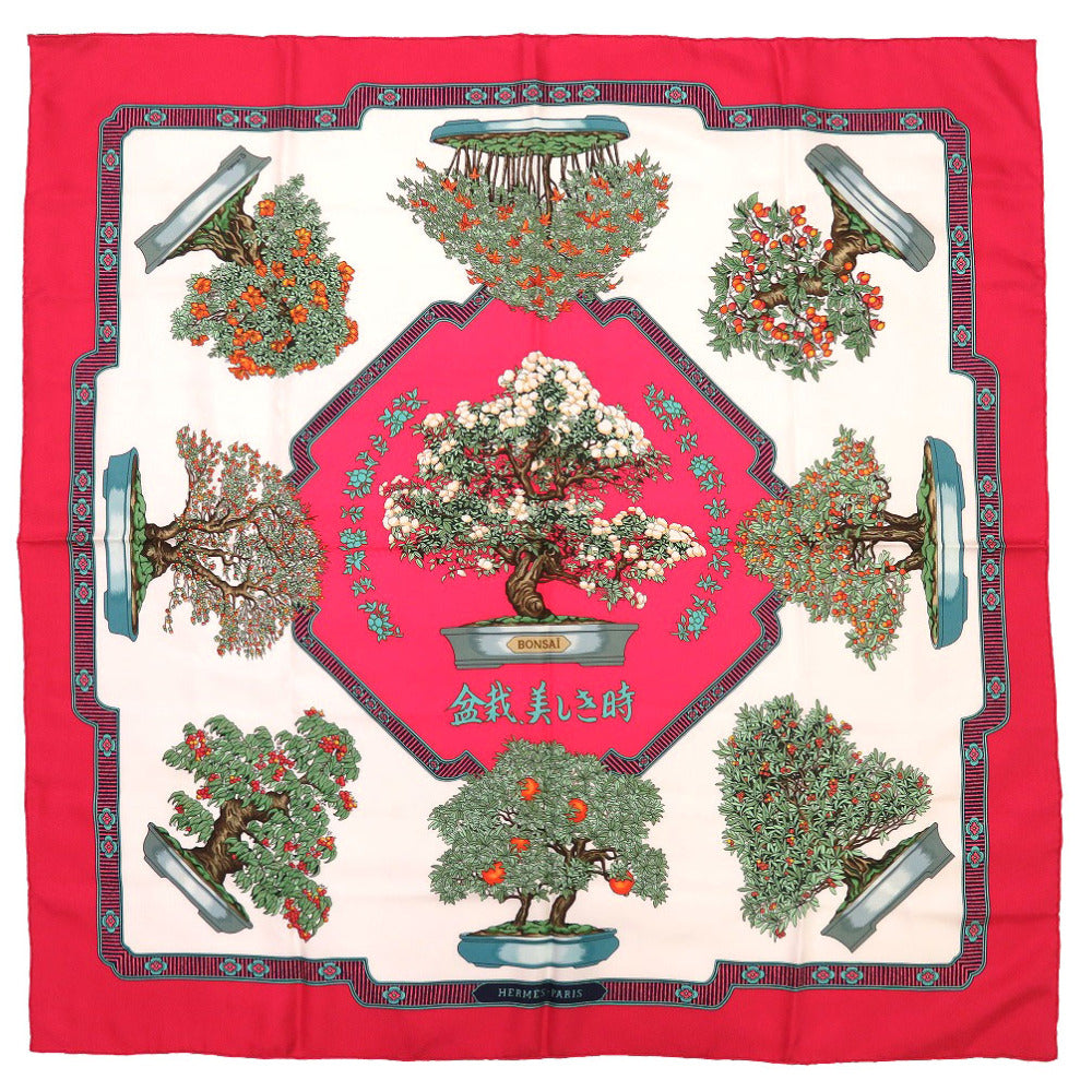 美品 エルメス カレ90 盆栽 美しき街 シルク レッド スカーフ 赤 0009 【中古】 HERMES