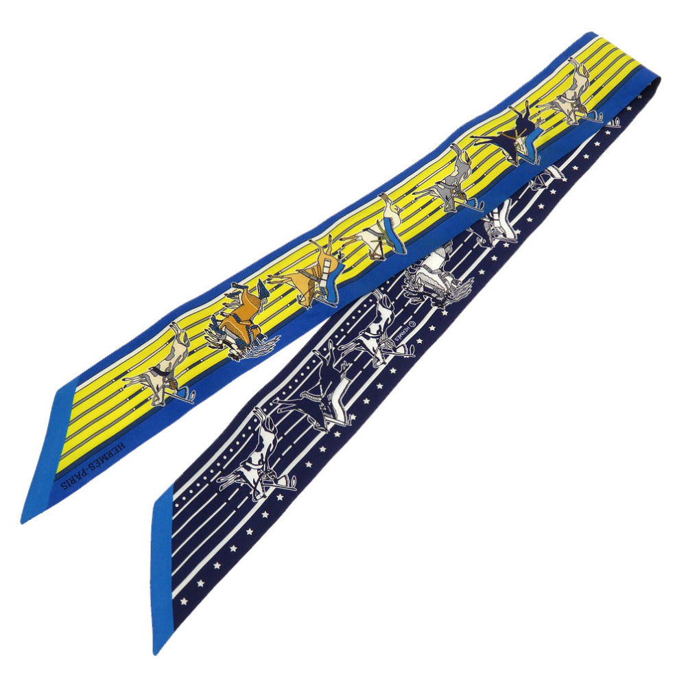 美品 エルメス パウニー族の首長 Pani La Shar Pawnee シルク ブルー スカーフ 青 黄 0138 【中古】 HERMES