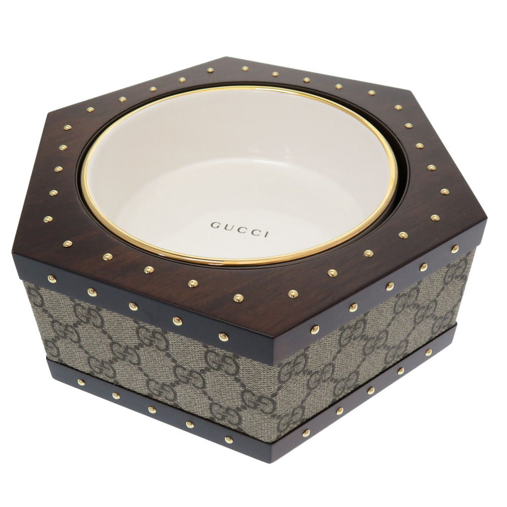 未使用 グッチ ヘキサゴン GG ペットボウル 697406 GGスプリーム ウッド セラミック ベージュ 容器 0126 【中古】 GUCCI