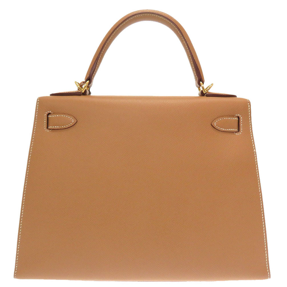 新品同様 エルメス ケリー28 外縫い クシュベル ナチュラル ゴールド金具 V金具 新金具 □D刻印 ハンドバッグ バッグ 茶 0011 【中古】 HERMES