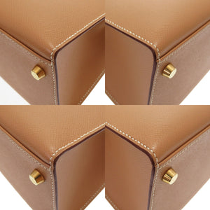 新品同様 エルメス ケリー28 外縫い クシュベル ナチュラル ゴールド金具 V金具 新金具 □D刻印 ハンドバッグ バッグ 茶 0011 【中古】 HERMES