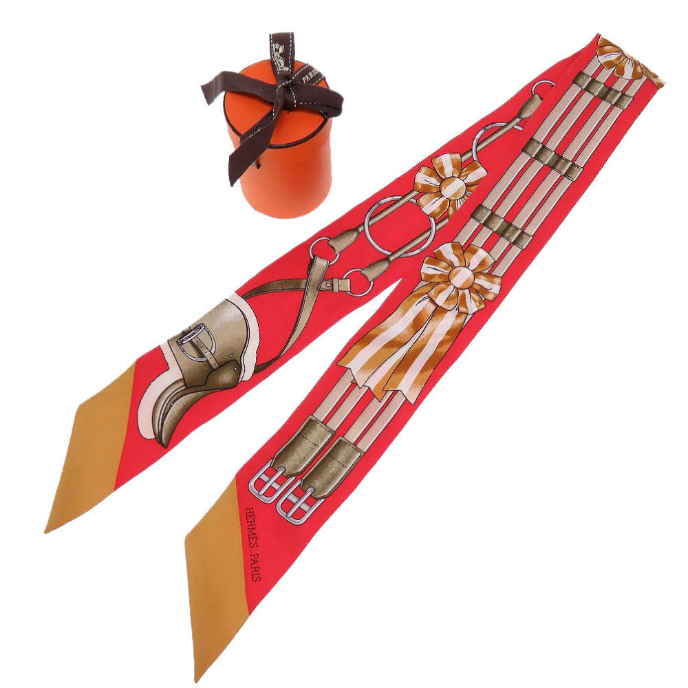 新品同様 エルメス ツイリー ベルトモチーフ シルク ルージュヴィフ キャラメル 赤 スカーフ 0099【中古】HERMES