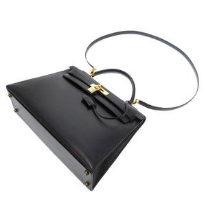 美品 エルメス ケリー32 外縫い ボックスカーフ ブラック ゴールド金具 〇V刻印 ハンドバッグ 黒 0024 【中古】 HERMES