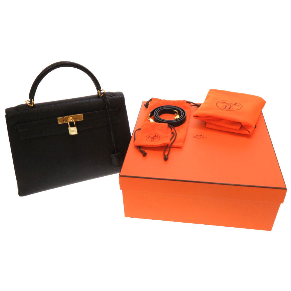 新品同様 エルメス ケリー32 外縫い シェーブルコロマンデル ブラック ゴールド金具 V金具 新金具 □H刻印 ハンドバッグ バッグ 黒 0021 【中古】 HERMES