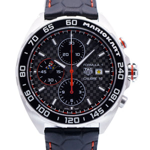 新品同様 タグホイヤー フォーミュラ1 マリオカート クロノグラフ CAZ201E.FC6517 自動巻き 腕時計 SS/型押しレザー ブラック 黒文字盤 0102【中古】TAG HEUER メンズ