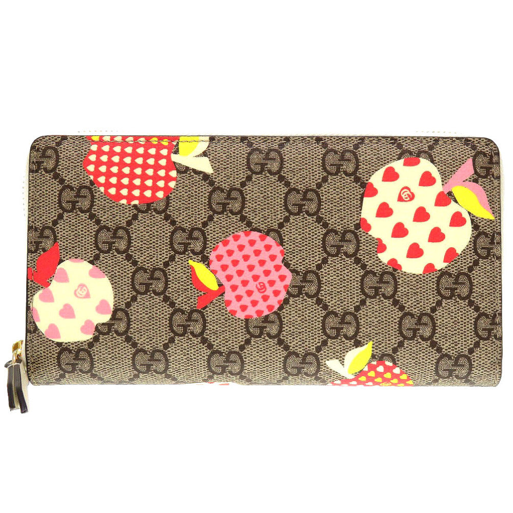 新品同様 グッチ 663924 アップル プリント GGスプリーム ベージュ ラウンドファスナー長財布 財布 0059【中古】GUCCI