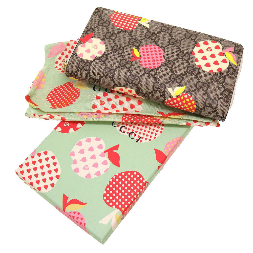 新品同様 グッチ 663924 アップル プリント GGスプリーム ベージュ ラウンドファスナー長財布 財布 0059【中古】GUCCI