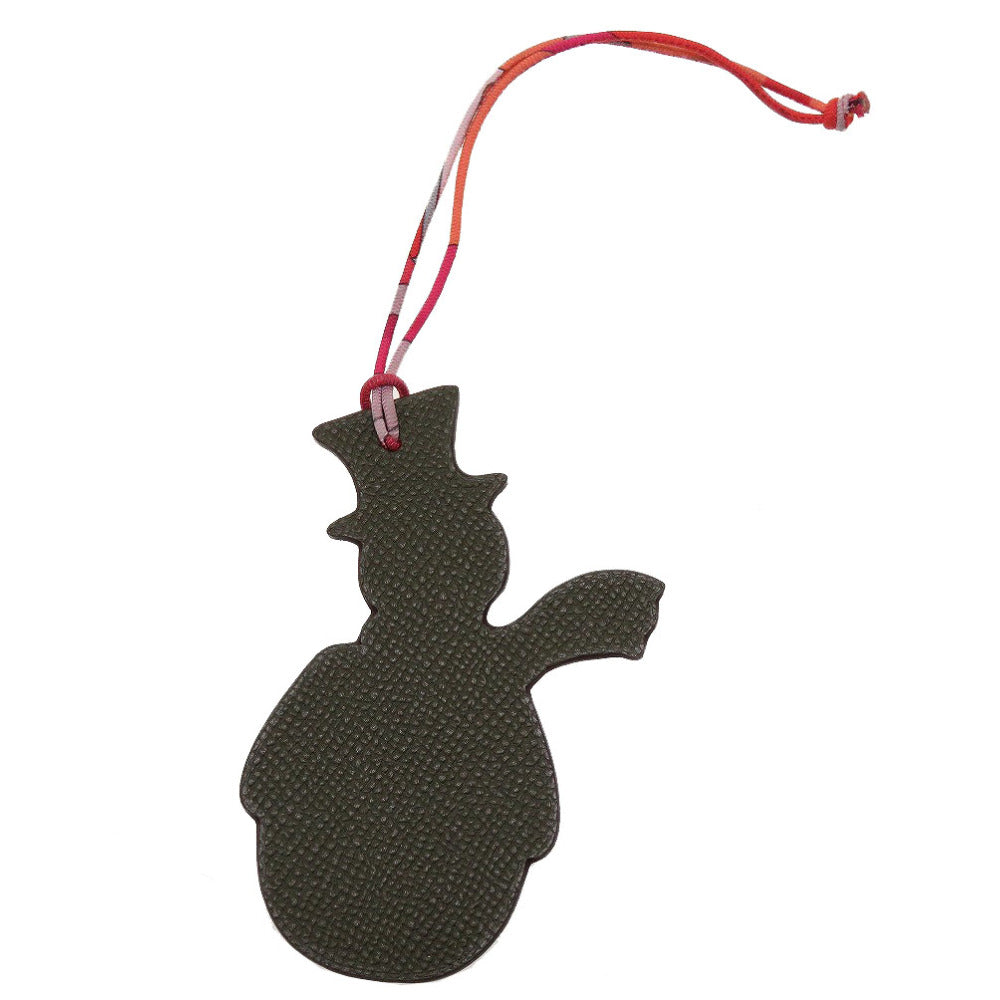 新品同様 エルメス プティアッシュ 雪だるま スノーマン エプソン トゴ シルク ブラウン グリーン 茶 緑 キーホルダー バッグチャーム 0107【中古】HERMES