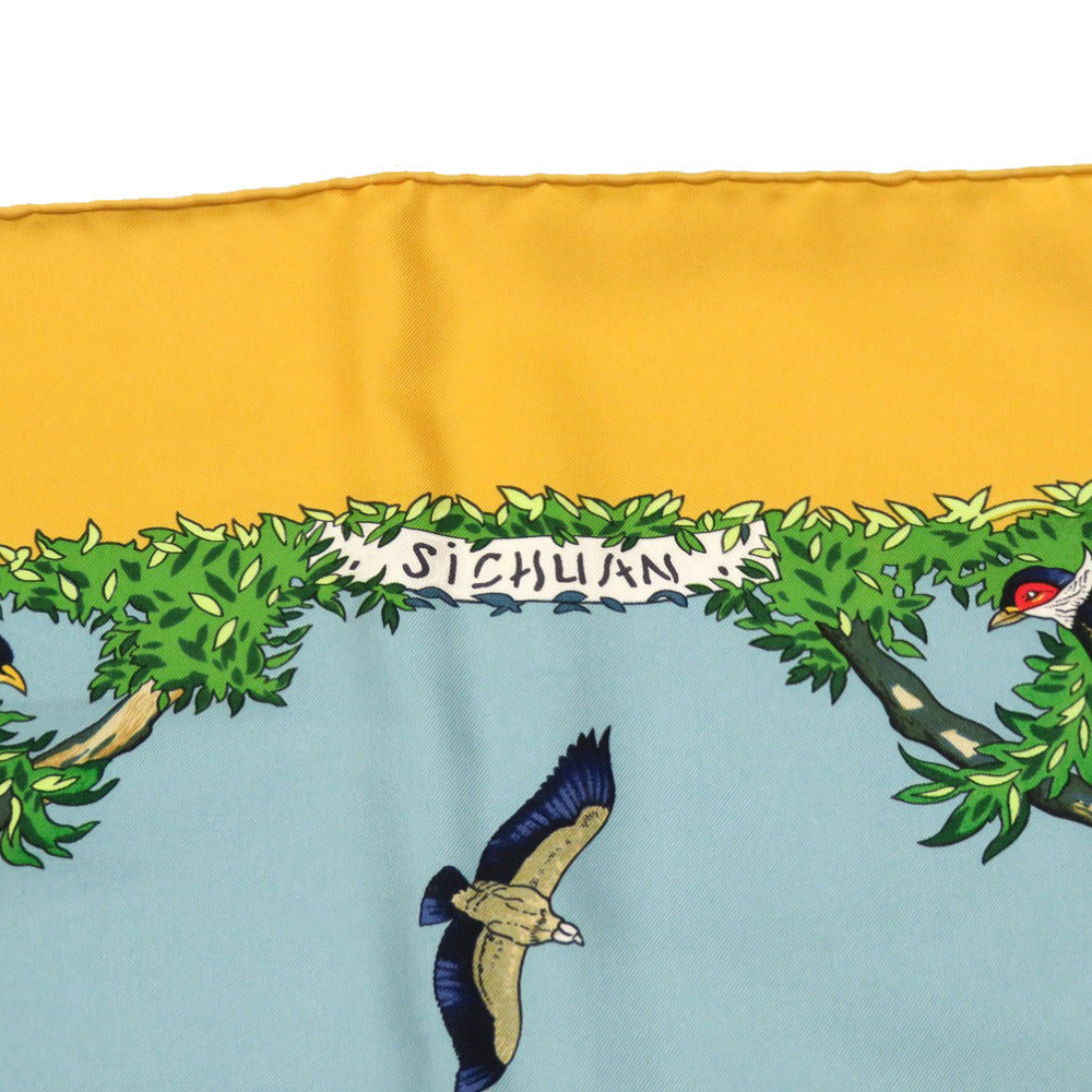 美品 エルメス カレ90 SICHLIAN シチリアの動物 四川省 シルク イエロー スカーフ 黄 0127 【中古】 HERMES