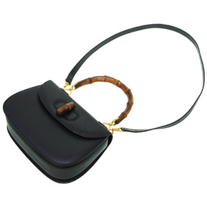 美品 グッチ バンブー レザー 2WAY ショルダー ハンド バッグ ブラック 黒 ゴールド金具 ショルダーストラップ付 0149【中古】GUCCI