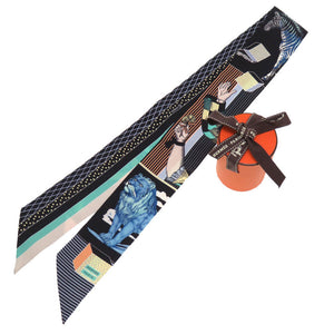 新品同様 エルメス ツイリー グラン テアトル ヌーヴォー TWILLY Grand Theatre Nouveau シルク ノワール ブルー ヴェール スカーフ 0234 【中古】 HERMES