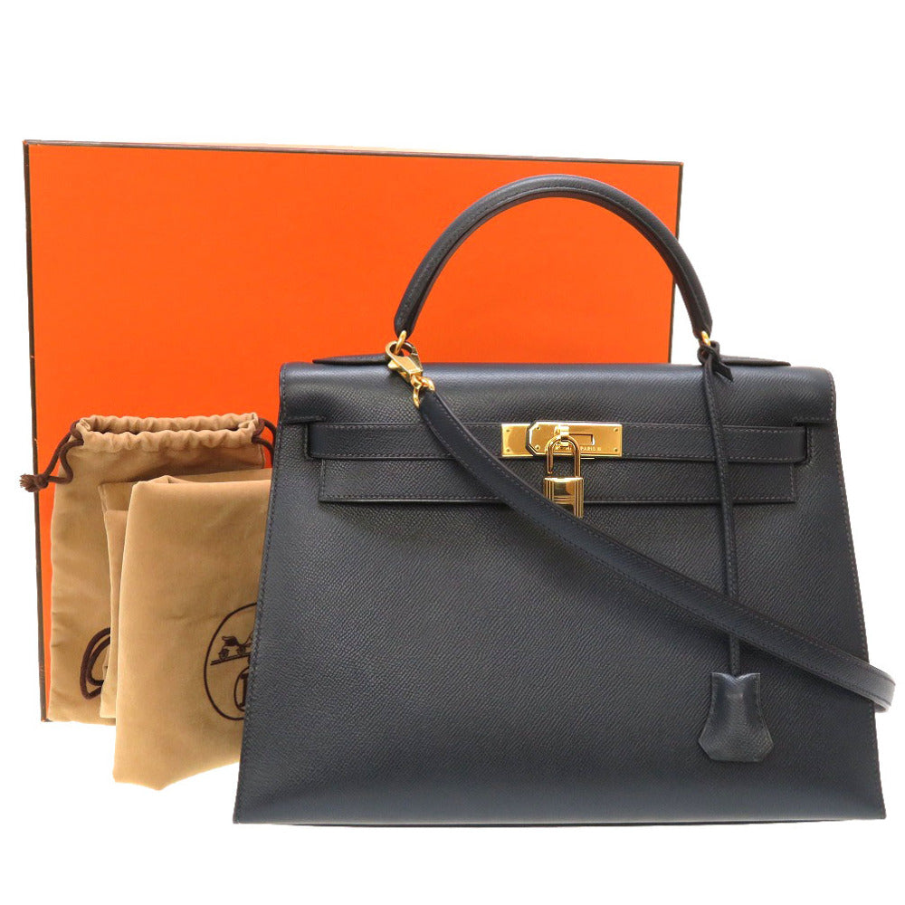 美品 エルメス ケリー32 外縫い クシュベル ネイビー ゴールド金具 □C刻印 ハンドバッグ 紺 0007 【中古】 HERMES