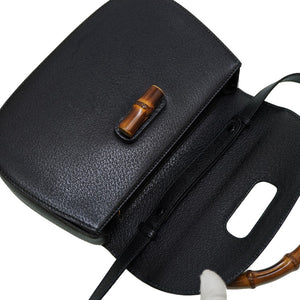 美品 グッチ バンブー ショルダー ハンド バッグ レザー ブラック ストラップ付 黒 0056【中古】GUCCI