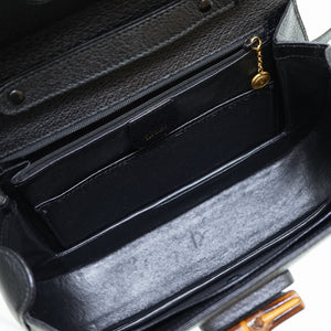美品 グッチ バンブー ショルダー ハンド バッグ レザー ブラック ストラップ付 黒 0056【中古】GUCCI