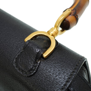 美品 グッチ バンブー ショルダー ハンド バッグ レザー ブラック ストラップ付 黒 0056【中古】GUCCI