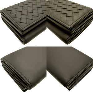 新品同様 ボッテガヴェネタ イントレチャート コンパクトウォレット レザー ブラック 黒 グレー 3つ折り財布 財布 0060【中古】BOTTEGA VENETA