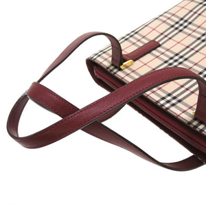 未使用 バーバリー チェック キャンバスレザー ベージュ ボルドー ハンドバッグ バッグ 0092 【中古】 BURBERRY