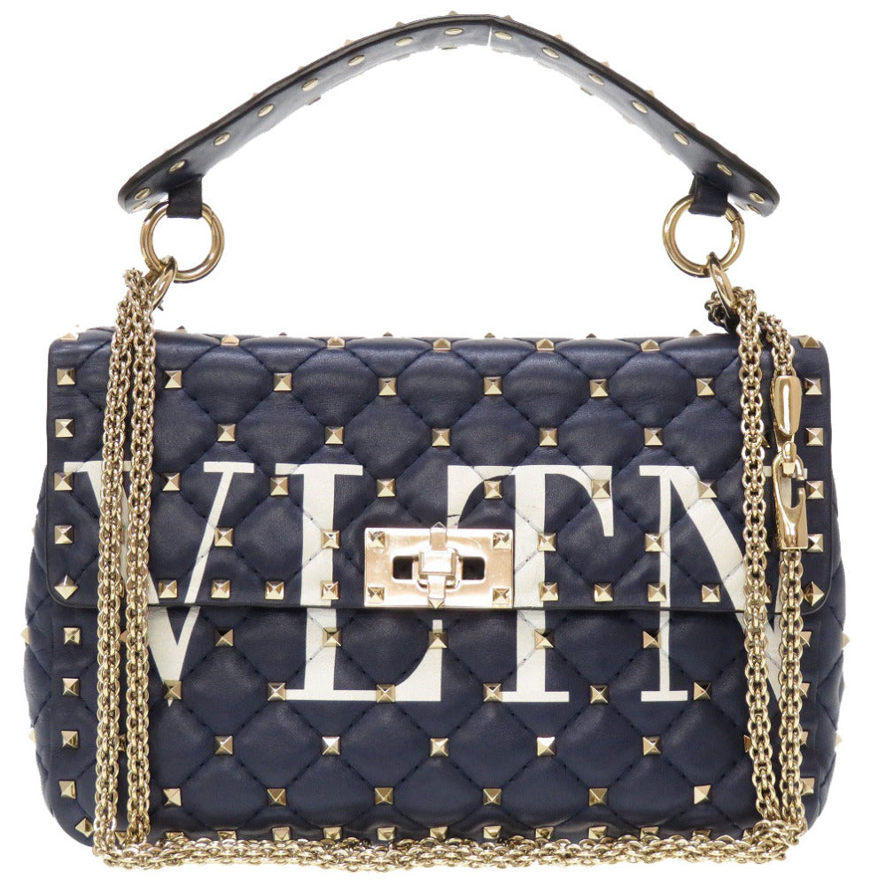 美品 ヴァレンティノ ガラヴァーニ ロックスタッズ レザー ネイビー ショルダーバッグ バッグ 紺 0032 【中古】 Valentino Garavani