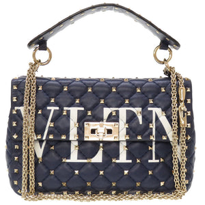 美品 ヴァレンティノ ガラヴァーニ ロックスタッズ レザー ネイビー ショルダーバッグ バッグ 紺 0032 【中古】 Valentino Garavani