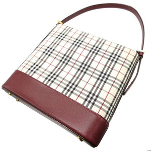 新品同様 バーバリー チェック キャンバス レザー ベージュ ワインレッド 赤 ショルダーバッグ バッグ 0108【中古】BURBERRY