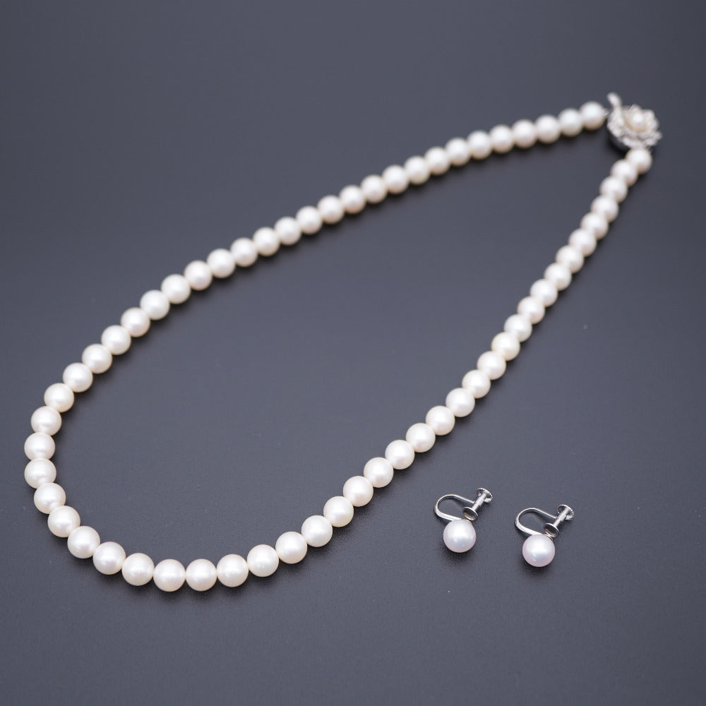 美品 本真珠 パール 7ｍｍ ネックレス イヤリング セット アクセサリー 0107【中古】