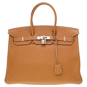 美品 エルメス バーキン35 トリヨンクレマンス ゴールド シルバー金具 □L刻印 ハンドバッグ 茶 0078 【中古】 HERMES