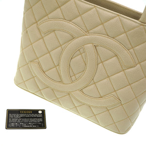 美品 シャネル 復刻トート キャビアスキン アイボリーグレー ゴールド金具 トートバッグ 0088【中古】CHANEL
