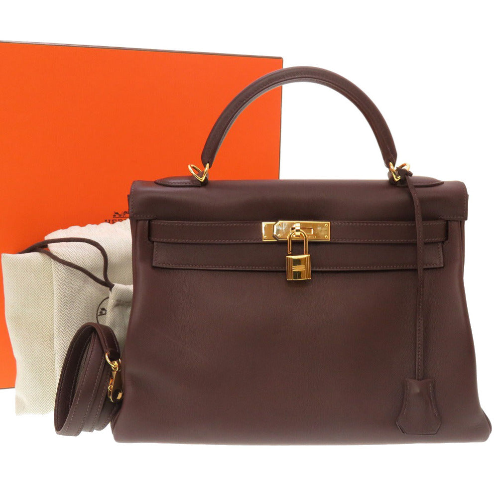 新品同様 エルメス ケリー32 内縫い ヴォーガリバー ショコラ ゴールド金具 □L刻印 ハンドバッグ バッグ 茶 0140 【中古】 HERMES ブラウン