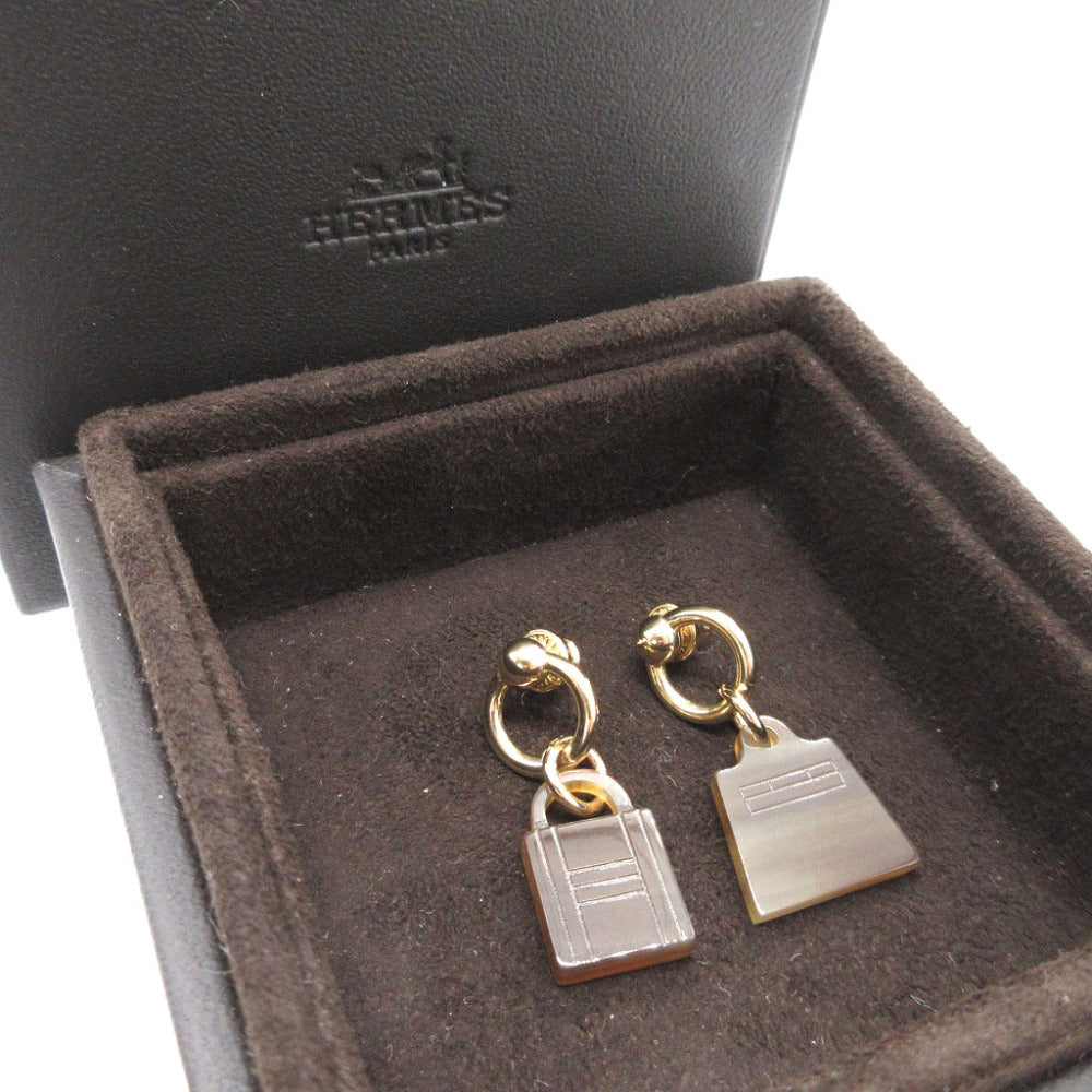 美品 エルメス アミュレットマロキニエ ケリー カデナ バッファローホーン メタル ブラウン 茶 ピアス 0234【中古】HERMES