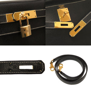 美品 エルメス ケリー28 外縫い リセ ブラック ホワイトステッチ ゴールド金具 □E刻印 ハンドバッグ バッグ 黒 0082 【中古】 HERMES