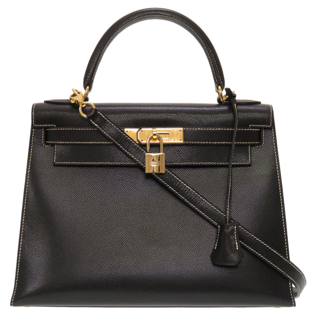 美品 エルメス ケリー28 外縫い リセ ブラック ホワイトステッチ ゴールド金具 □E刻印 ハンドバッグ バッグ 黒 0082 【中古】 HERMES