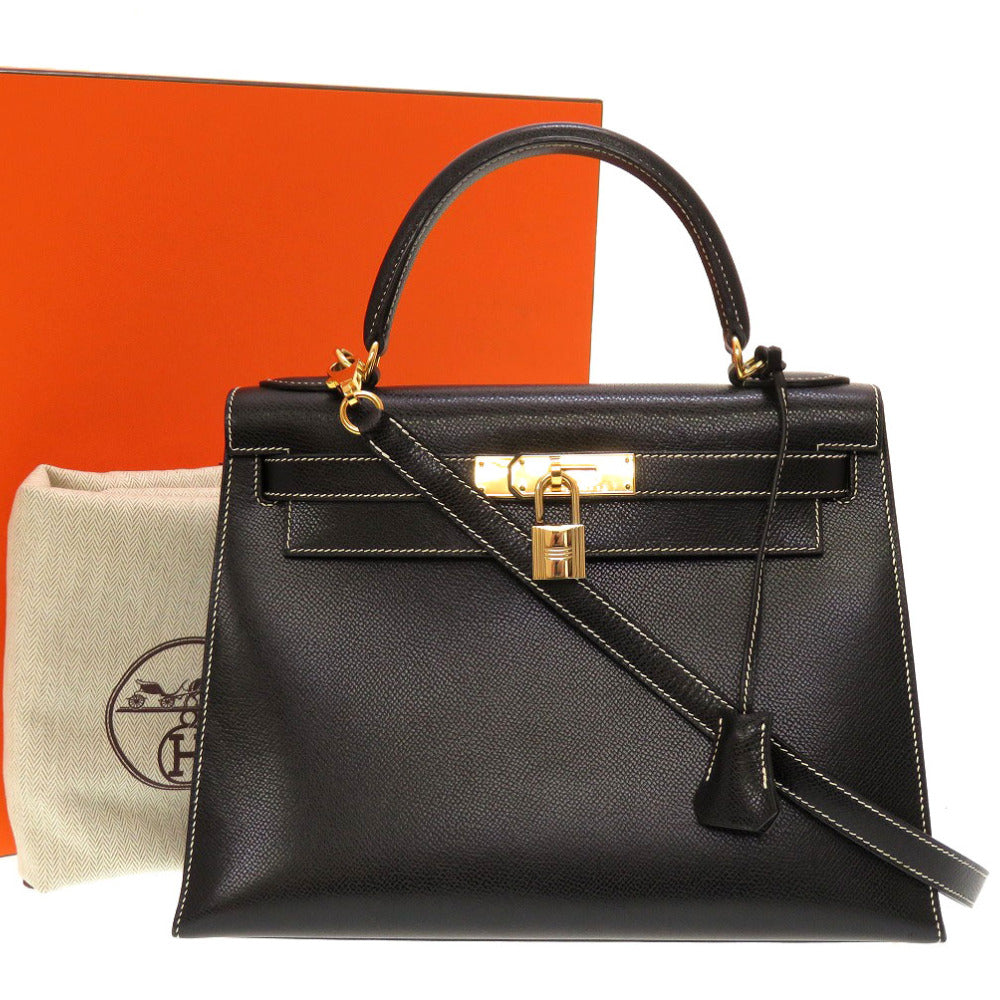 美品 エルメス ケリー28 外縫い リセ ブラック ホワイトステッチ ゴールド金具 □E刻印 ハンドバッグ バッグ 黒 0082 【中古】 HERMES