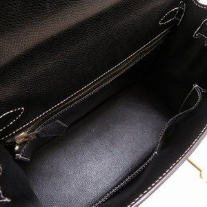 美品 エルメス ケリー28 外縫い リセ ブラック ホワイトステッチ ゴールド金具 □E刻印 ハンドバッグ バッグ 黒 0082 【中古】 HERMES