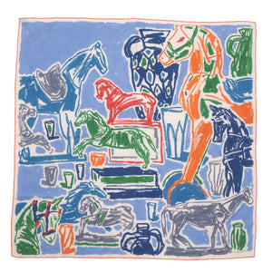 新品同様 エルメス Chevaux de la Collection コレクションの馬 カシミヤ シルク  ブルー マルチカラー スカーフ ストール 0212【中古】HERMES