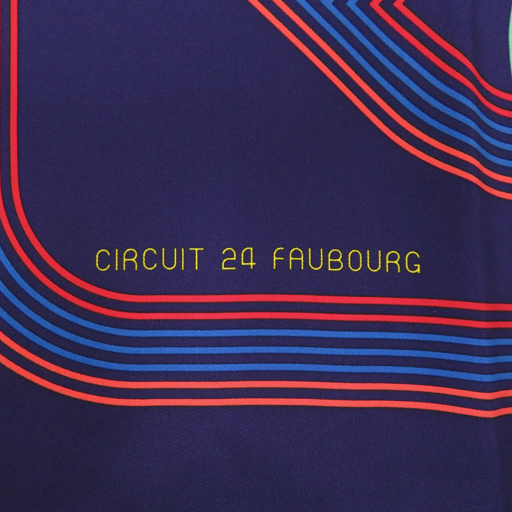 美品 エルメス カレ90 CIRCUIT 24 FAUBOURG24番地のサーキット シルク/シルク  ンディゴブルー ネイビー スカーフ 紺 0215【中古】HERMES