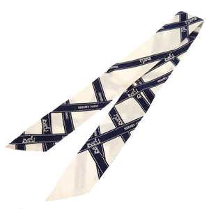 エルメス ツイリー ボルデュック リボン柄 シルク アイボリー ネイビー スカーフ 0261 【中古】 HERMES
