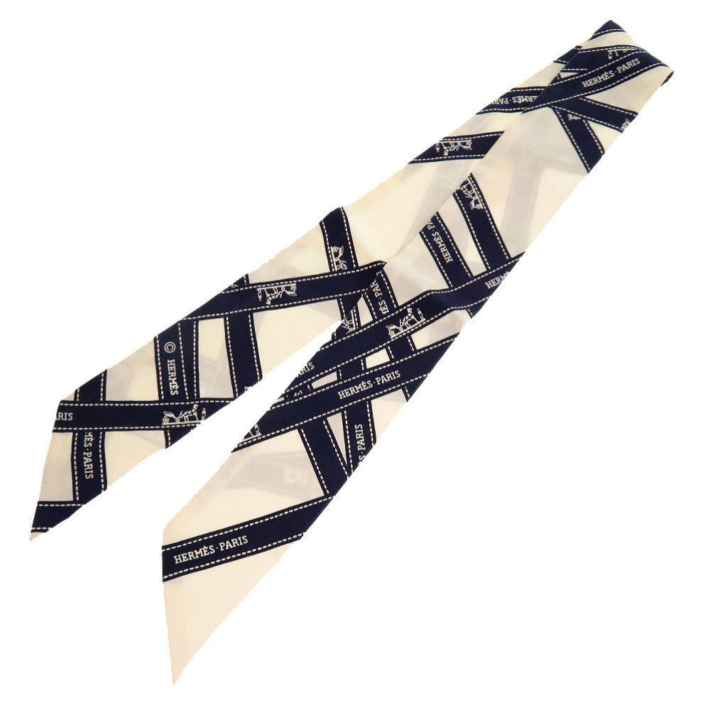エルメス ツイリー ボルデュック リボン柄 シルク アイボリー ネイビー スカーフ 0261 【中古】 HERMES