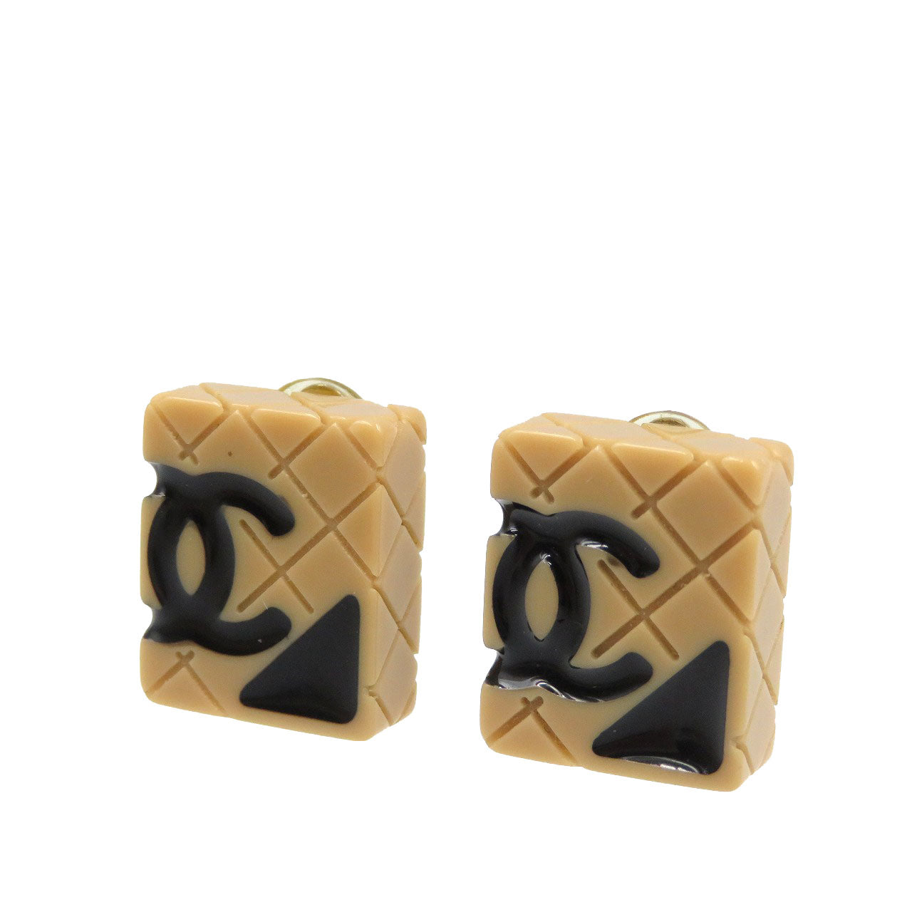 美品 シャネル カンボンライン ココマーク プラスチック GP ベージュ ブラック イヤリング 0171【中古】CHANEL