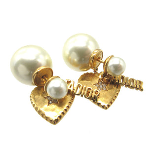 美品 ディオール JADIOR トライバル E1653 ハート フェイクパール メタル ゴールド ピアス 0178【中古】DIOR