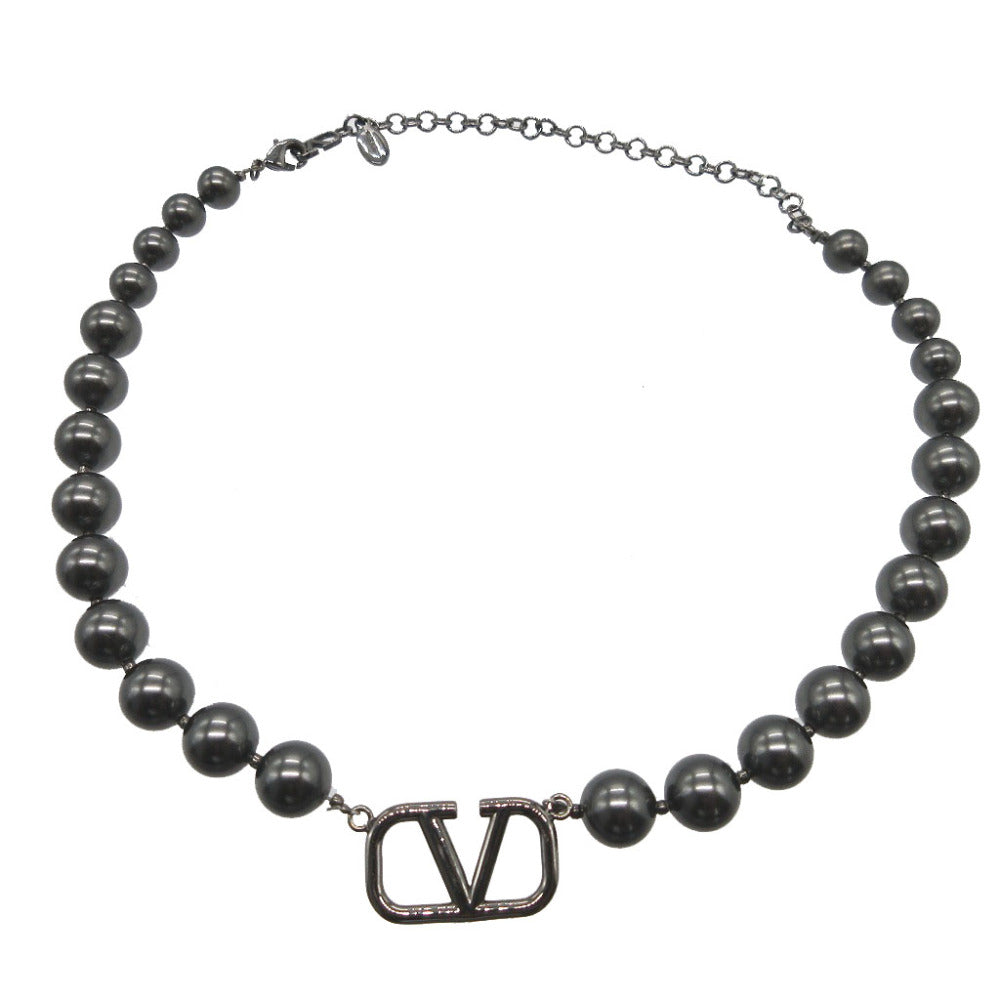 美品 ヴァレンティノ Vロゴ フェイクパール メタル グレー ネックレス 0182【中古】VALENTINO