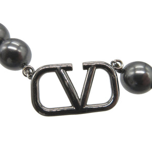 美品 ヴァレンティノ Vロゴ フェイクパール メタル グレー ネックレス 0182【中古】VALENTINO