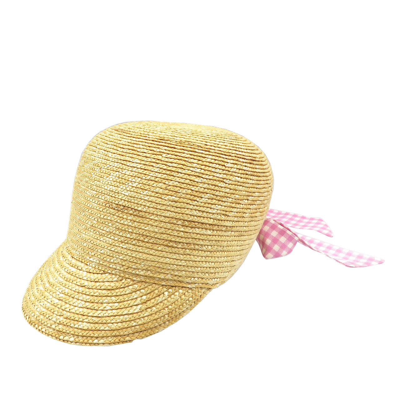 ミュウミュウ チェック ストロー シルク ベージュ ピンク 麦わら帽子 ストローキャップ 0217【中古】MIU MIU