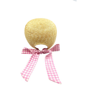 ミュウミュウ チェック ストロー シルク ベージュ ピンク 麦わら帽子 ストローキャップ 0217【中古】MIU MIU