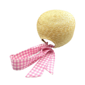 ミュウミュウ チェック ストロー シルク ベージュ ピンク 麦わら帽子 ストローキャップ 0217【中古】MIU MIU